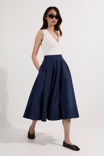 Navy Cotton Tailored Full Skirt