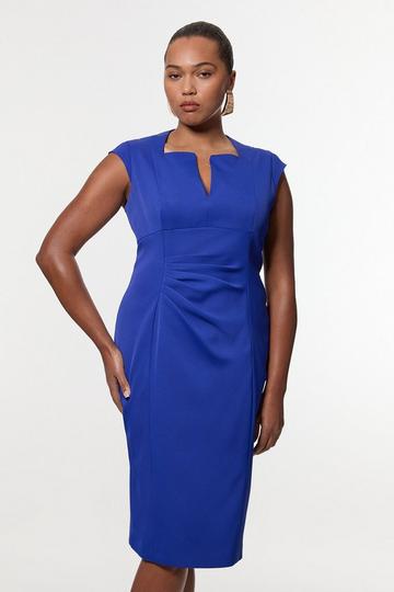 Plus Size Italian Structured Rib Tailored Envelope Neck Pencil Midi Dress cobalt