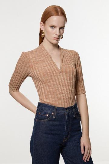 Twist Yarn Zip Detail Figure Form Ribbed Knitted Top neutral