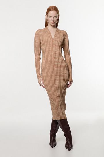 Twist Yarn Zip Detail Figure Form Ribbed Knitted Dress neutral