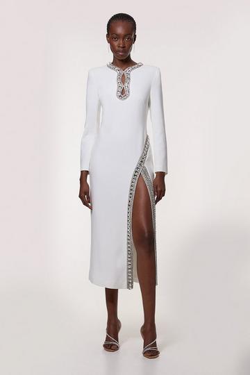 Cut Out Crystal Embellished Woven Maxi Dress ivory