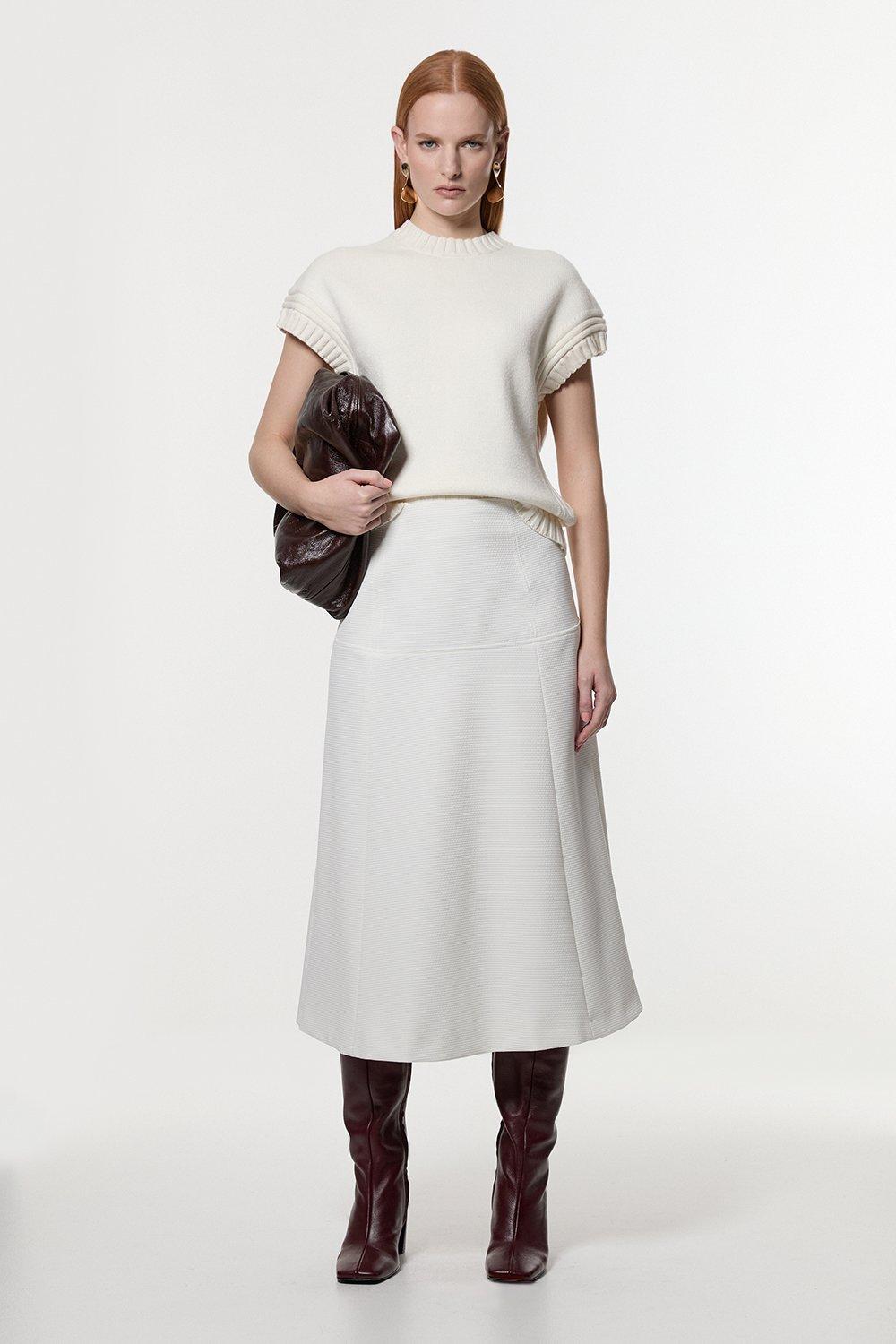 Ivory Tailored Textured Full Midi Skirt