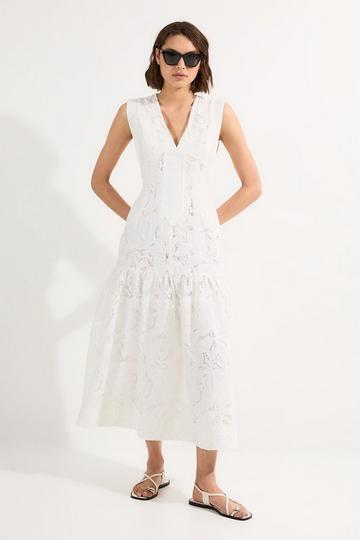 Cutwork Broderie Tiered Woven Maxi Dress white