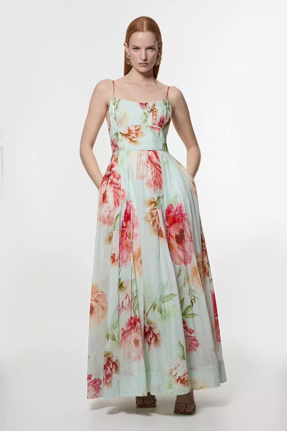 Silk Cotton Mirrored Floral Strappy Woven Maxi Dress | Karen