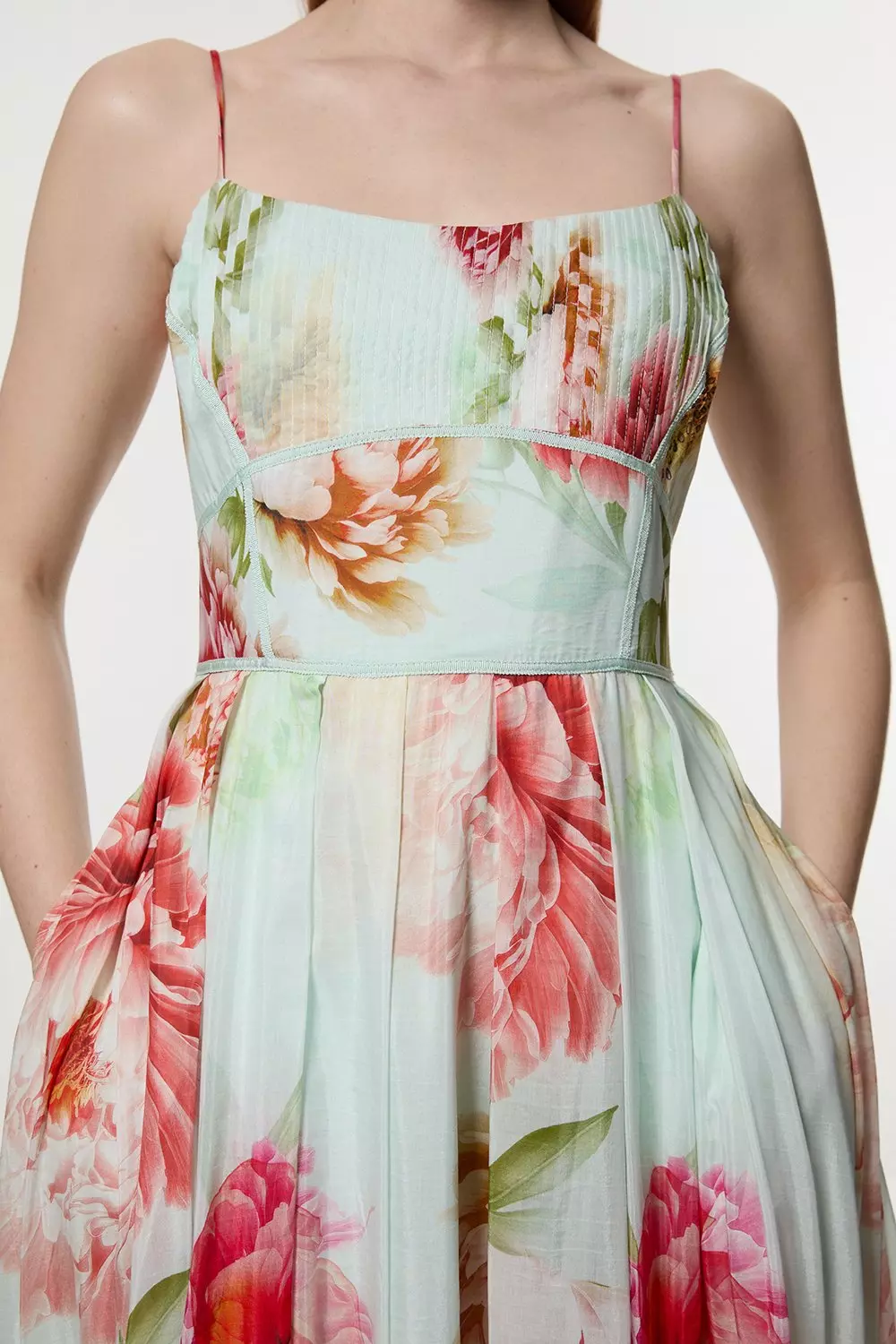 Karen Millen★シルクコットンミラーストラップマキシドレス Silk Cotton Mirrored Floral Strappy Woven Maxi Dress | Karen