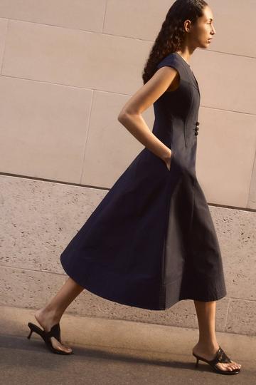 Navy Archive Collection - Tailored Cotton Pintuck Grosgrain Corset Maxi Dress