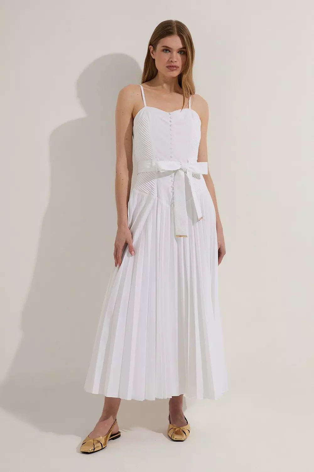 【KAREN MILLEN】コットントップステッチドロップウエストドレス Cotton Top Stitch Dropped Waist Woven Strappy Midi Dress