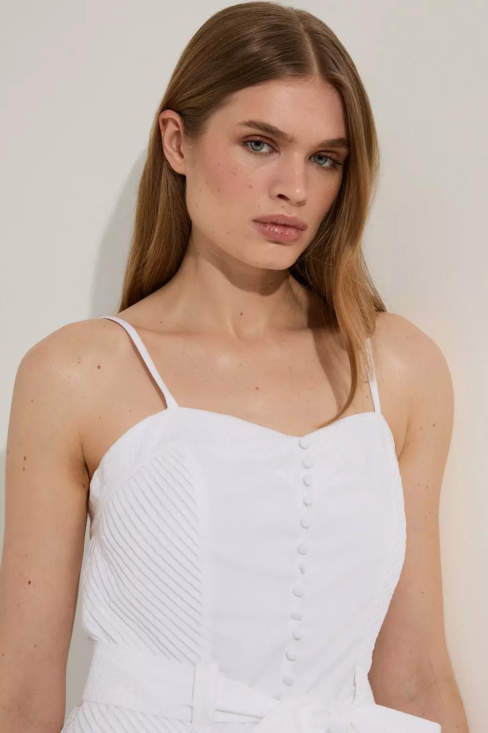 【KAREN MILLEN】コットントップステッチドロップウエストドレス Cotton Top Stitch Dropped Waist Woven Strappy Midi Dress