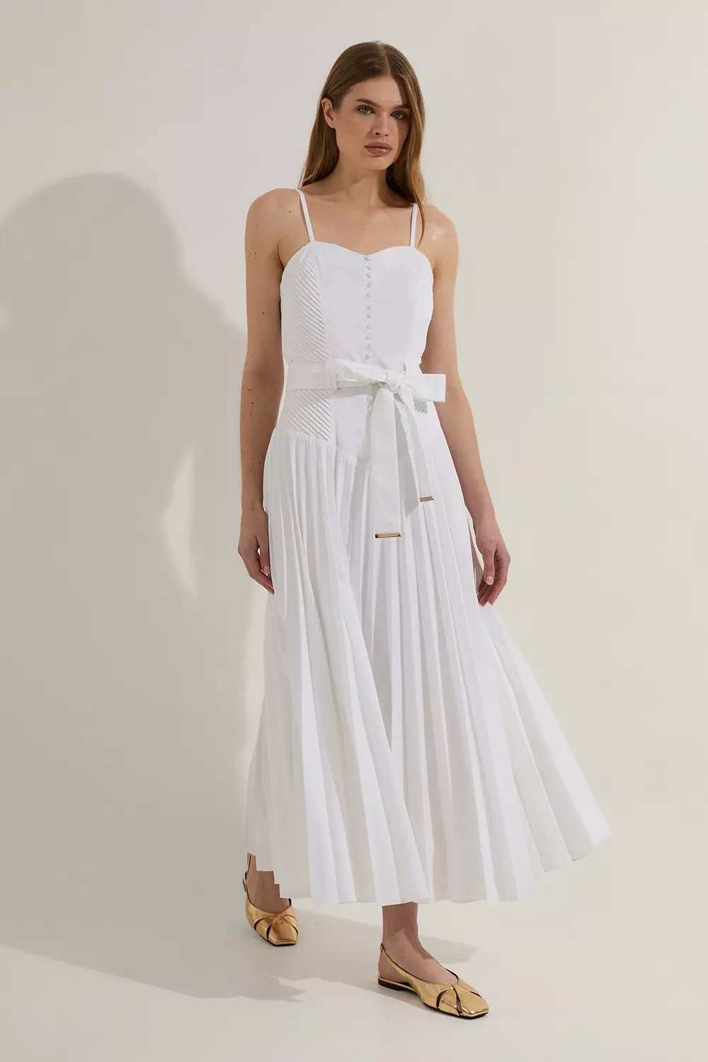Cotton Top Stitch Dropped Waist Woven Strappy Midi Dress