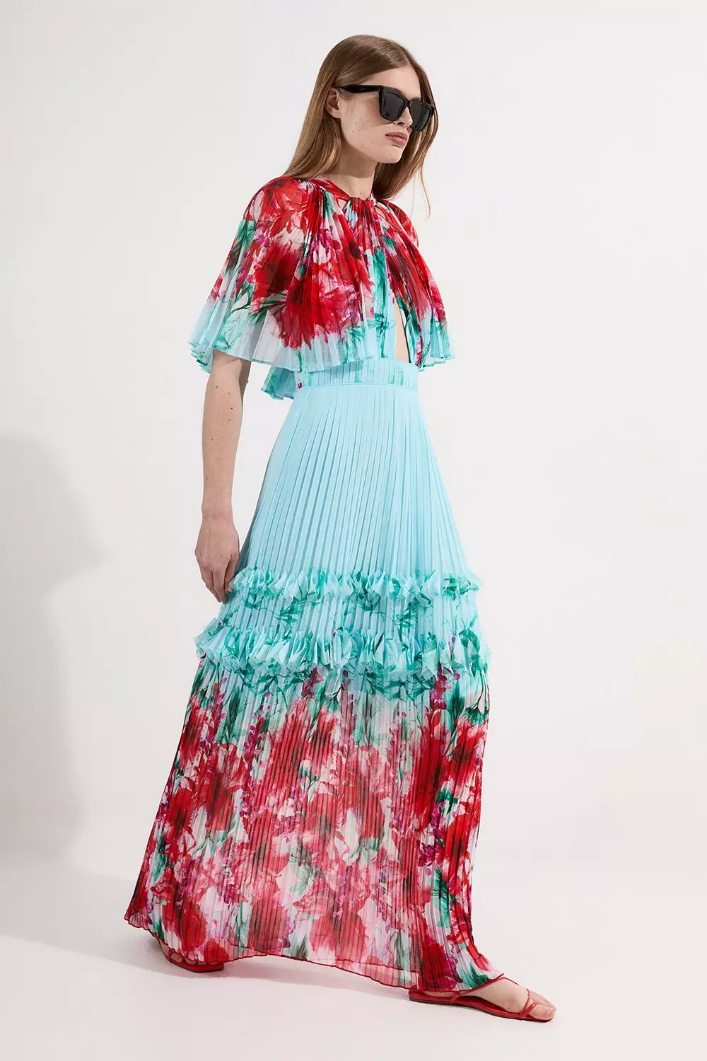 Karen Millenフローラルボディスディテール織りマキシドレス Ombre Floral Soft Pleated Long Sleeve Maxi Dress | Karen Millen