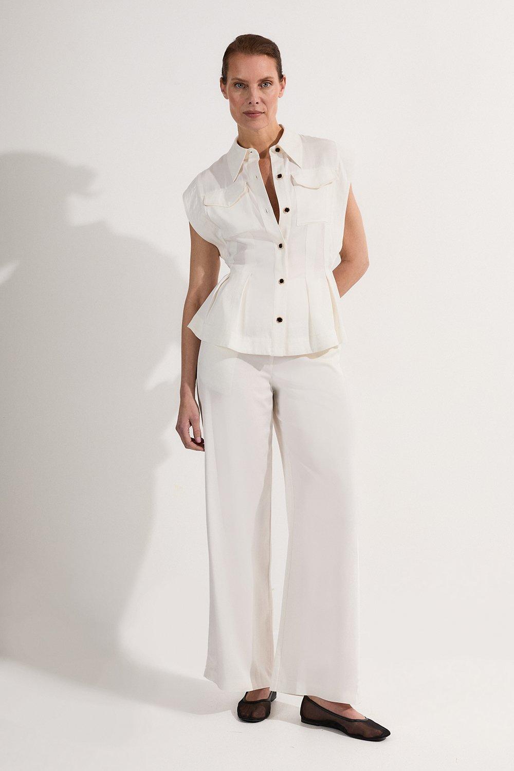 Premium Viscose Linen Woven Straight Leg Pants | Karen Millen