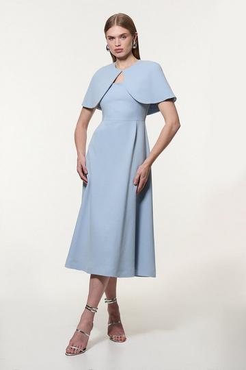 Blue Structured Crepe Cape Detail Tailored Midi Dress