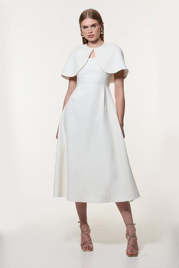 Structured Crepe Cape Detail Tailored Midi Dress ivory