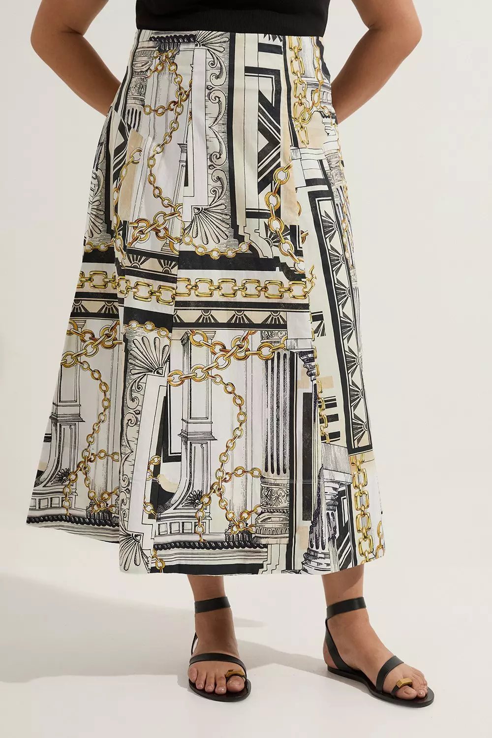 Plus Size Roma Print Cotton Sateen Woven Drama Midi Skirt
