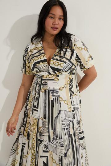 Plus Size Roma Print Cotton Sateen Full Skirt Woven Midi Dress multi