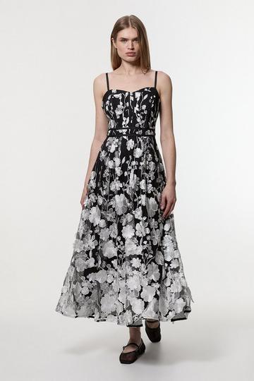 Floral Applique Corset Detail Woven Midi Dress mono