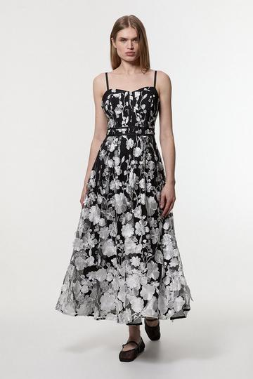 Petite Floral Applique Corset Detail Woven Midi Dress mono