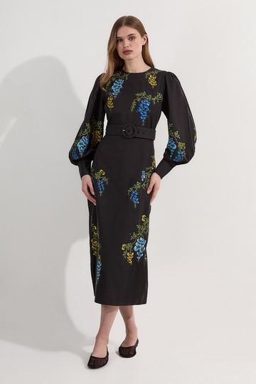 Floral Embroidered Cotton Linen Woven Midi Dress black