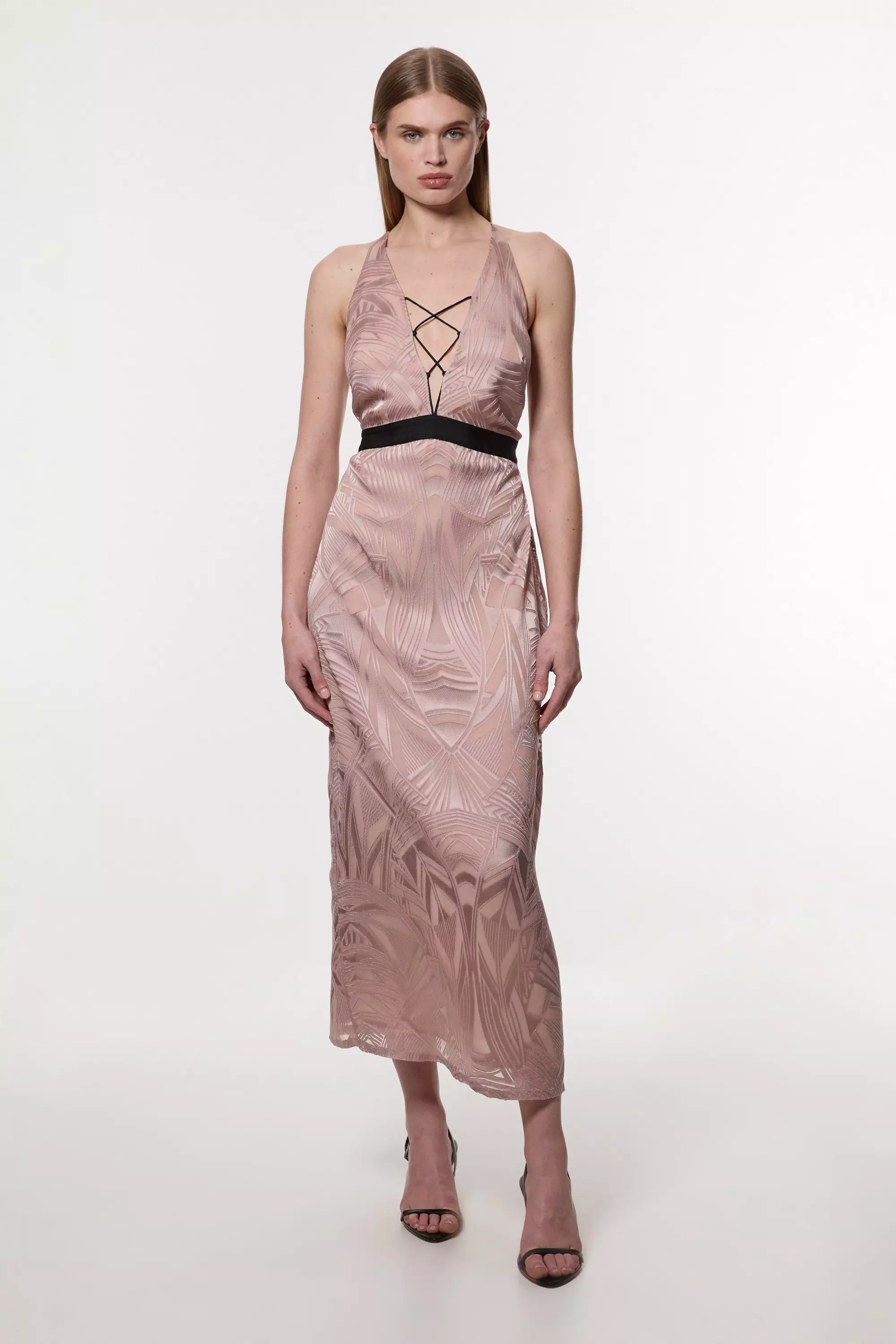 関送込【KAREN MILLEN】アメリアグラハムバーンアウトドレス Amelia Graham Burnout Lace Up Detail Woven Column Dress