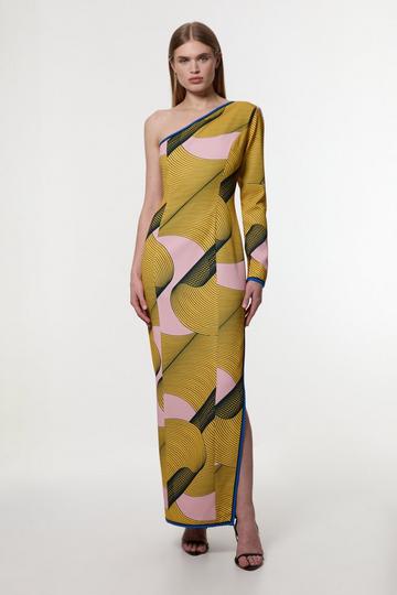 Yellow Amelia Graham Petite Printed Cady One Shoulder Maxi Dress