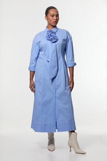 Plus Size Stripe Cotton Rosette Woven Shirt Maxi Dress blue