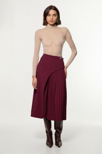 Petite Tailored Buckle Detail Pleated Midi Skirt merlot