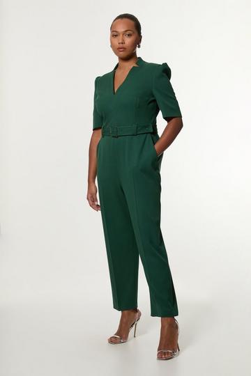 Plus Size Structured Crepe Forever Belted Jumpsuit forest