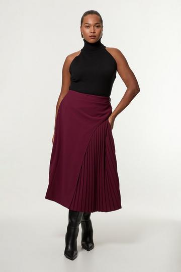 Plus Size Tailored Buckle Detail Pleated Midi Skirt merlot