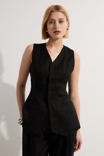 Viscose Linen Woven Longline Waistcoat black