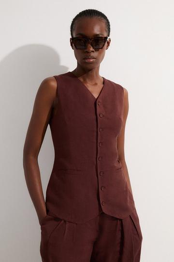 Viscose Linen Woven Longline Waistcoat chocolate