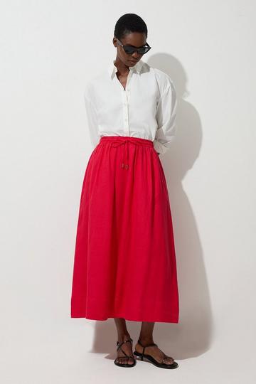 Red Viscose Linen Tie Waist Woven Full Midi Skirt