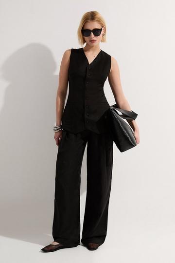 Black Viscose Linen Pleat And Pocket Detail Woven Straight Leg Trouser