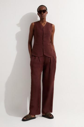 Viscose Linen Pleat And Pocket Detail Woven Straight Leg Trouser chocolate