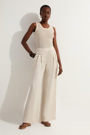 Viscose Linen Pleat And Pocket Detail Woven Straight Leg Trouser stone