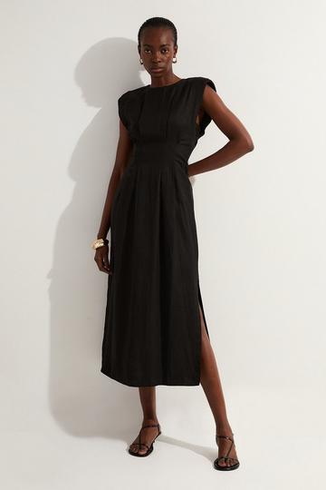 Black Viscose Linen Woven Pintuck Midi Dress