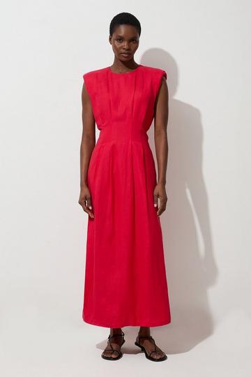 Viscose Linen Woven Pintuck Midi Dress red