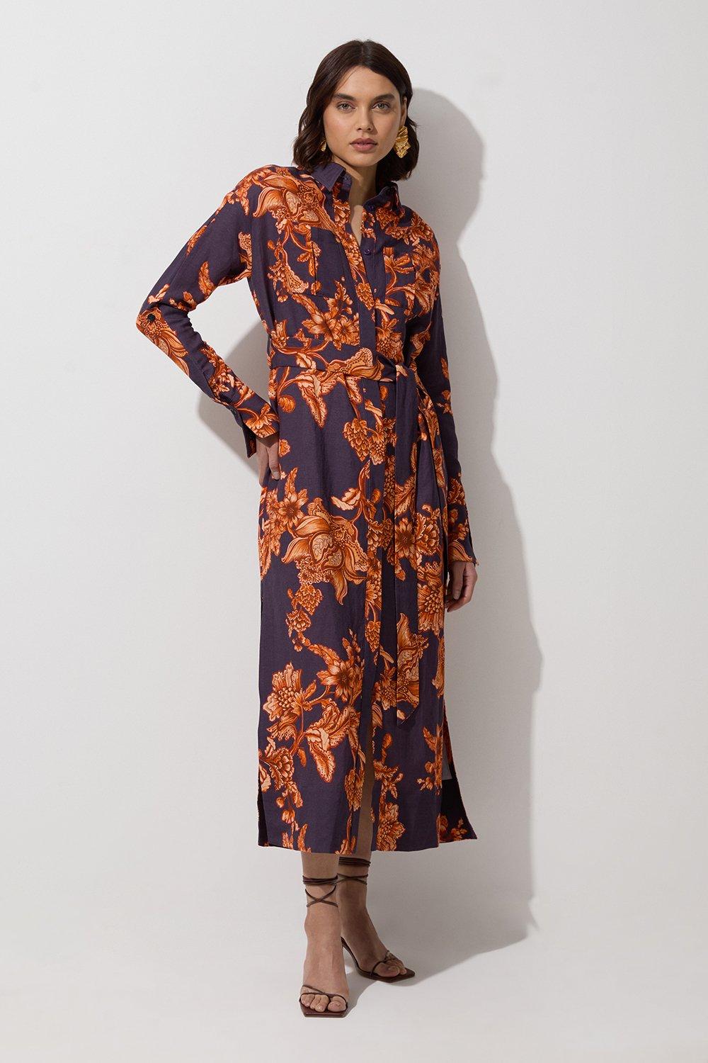 【KAREN MILLEN】ビスコース リネンウーブンシャツドレス Viscose Linen Woven Sleeveless Shirt Midi Dress | Karen Millen