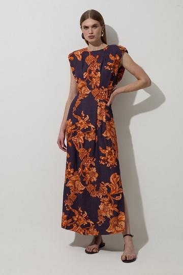 Floral Viscose Linen Pintuck Detail Woven Midaxi Dress navy