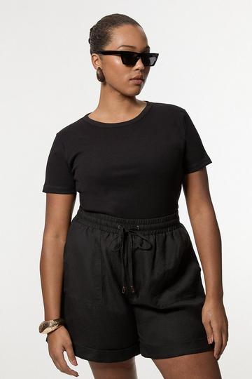 Plus Size Viscose Linen Tie Waist Woven Short black