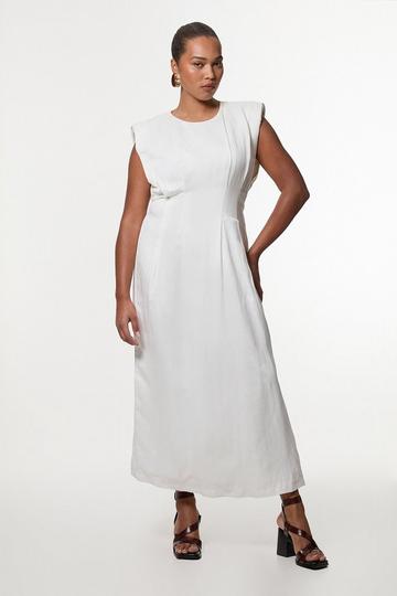 Plus Size Viscose Linen Woven Pintuck Midi Dress white