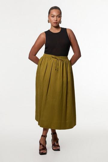 Plus Size Viscose Linen Tie Waist Woven Full Midi Skirt khaki