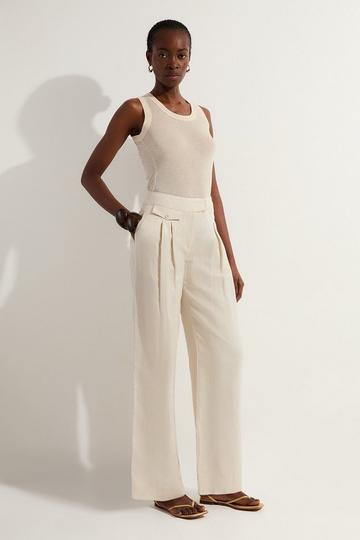 Tall Viscose Linen Pleat And Pocket Detail Woven Straight Leg Trouser stone