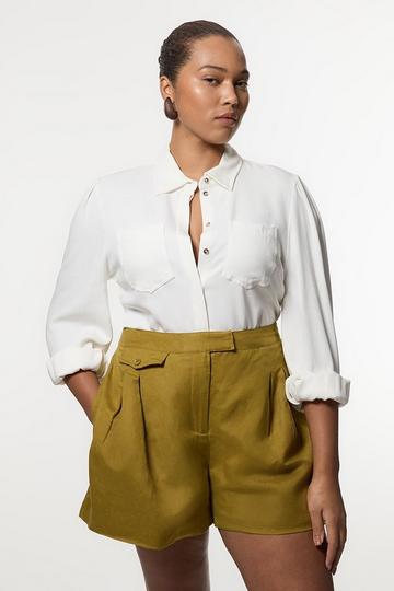 Plus Size Viscose Linen Woven Pocket Detail Short khaki