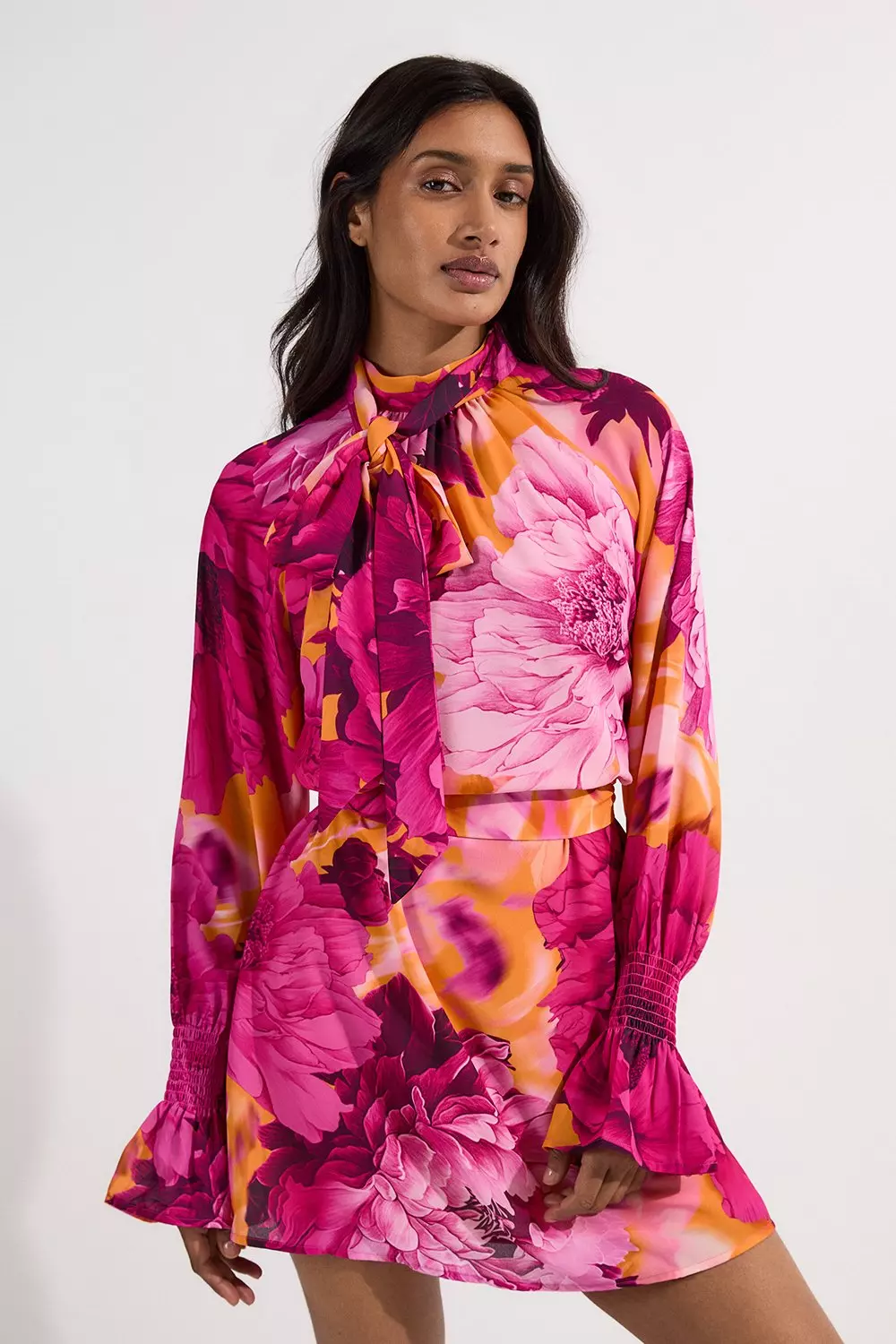 【KAREN MILLEN】フローラルネクタイネックウーブンミディドレス bkk23599_floral_xl?$
