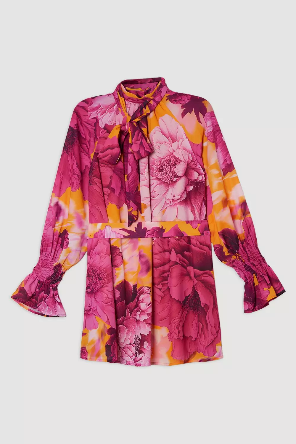 【KAREN MILLEN】フローラルネクタイネックウーブンミディドレス Floral Tie Neck Woven Midi Dress | Karen Millen