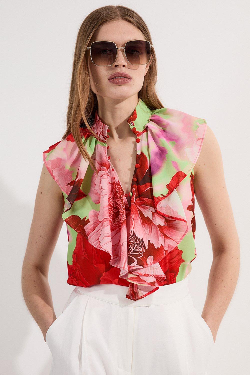 Floral Ruffle Sleeveless Blouse | Karen Millen