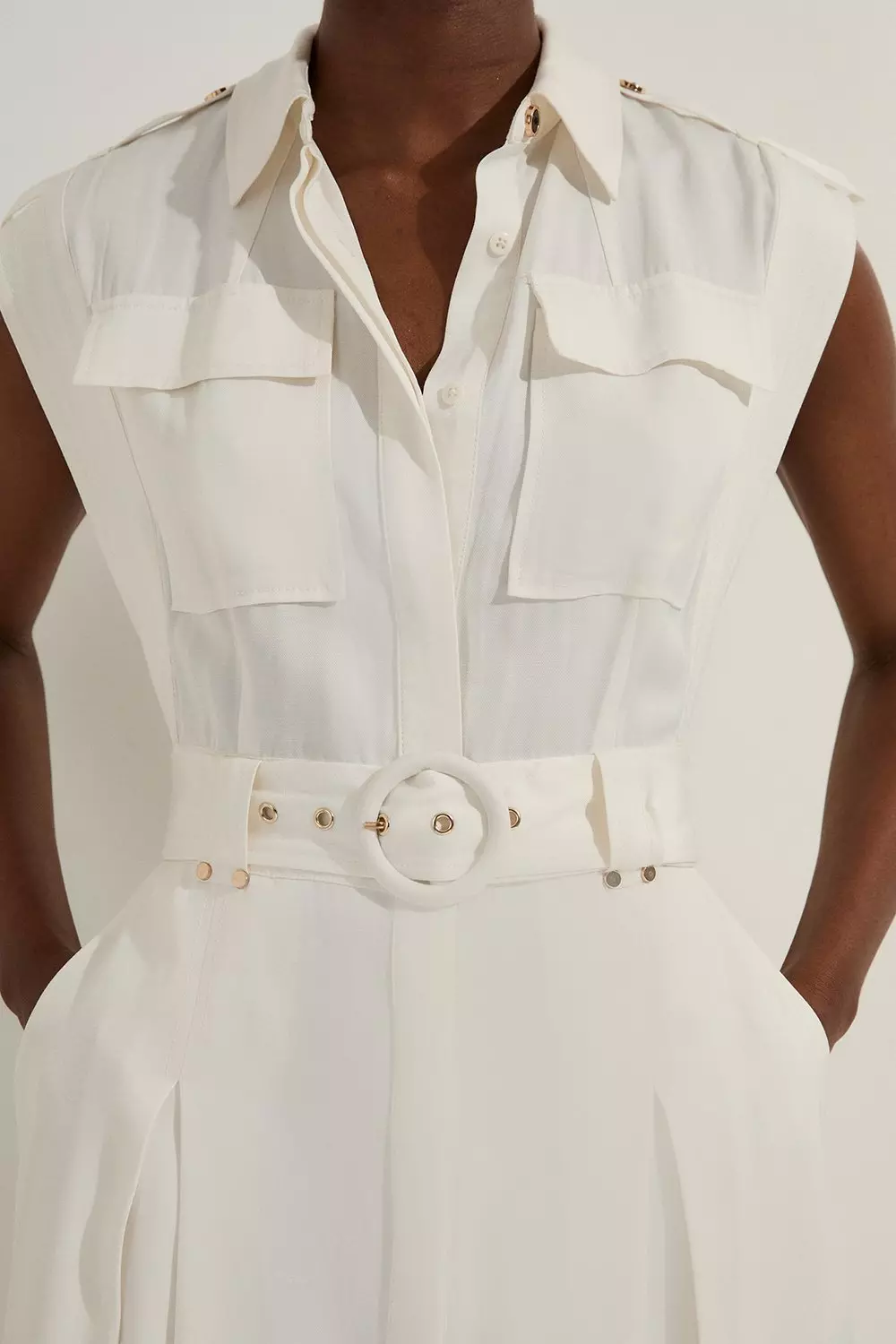 Premium Viscose Linen Woven Sleeveless Shirt Dress With Belt