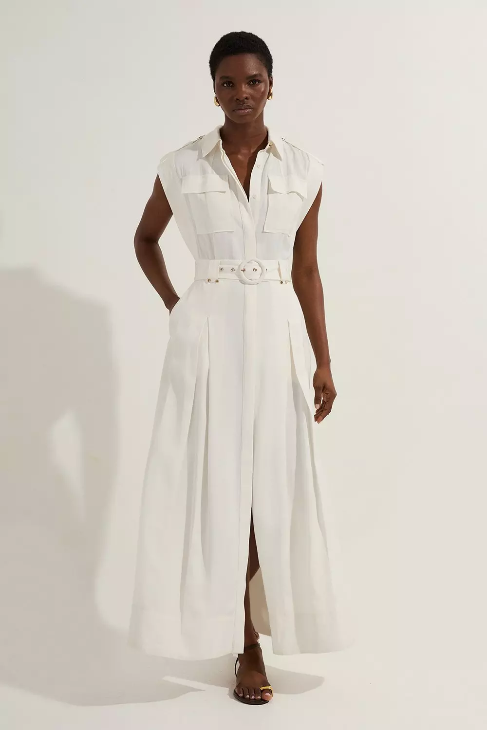 White Petite Premium Viscose Linen Woven Sleeveless Shirt Dress With Belt  alternative image