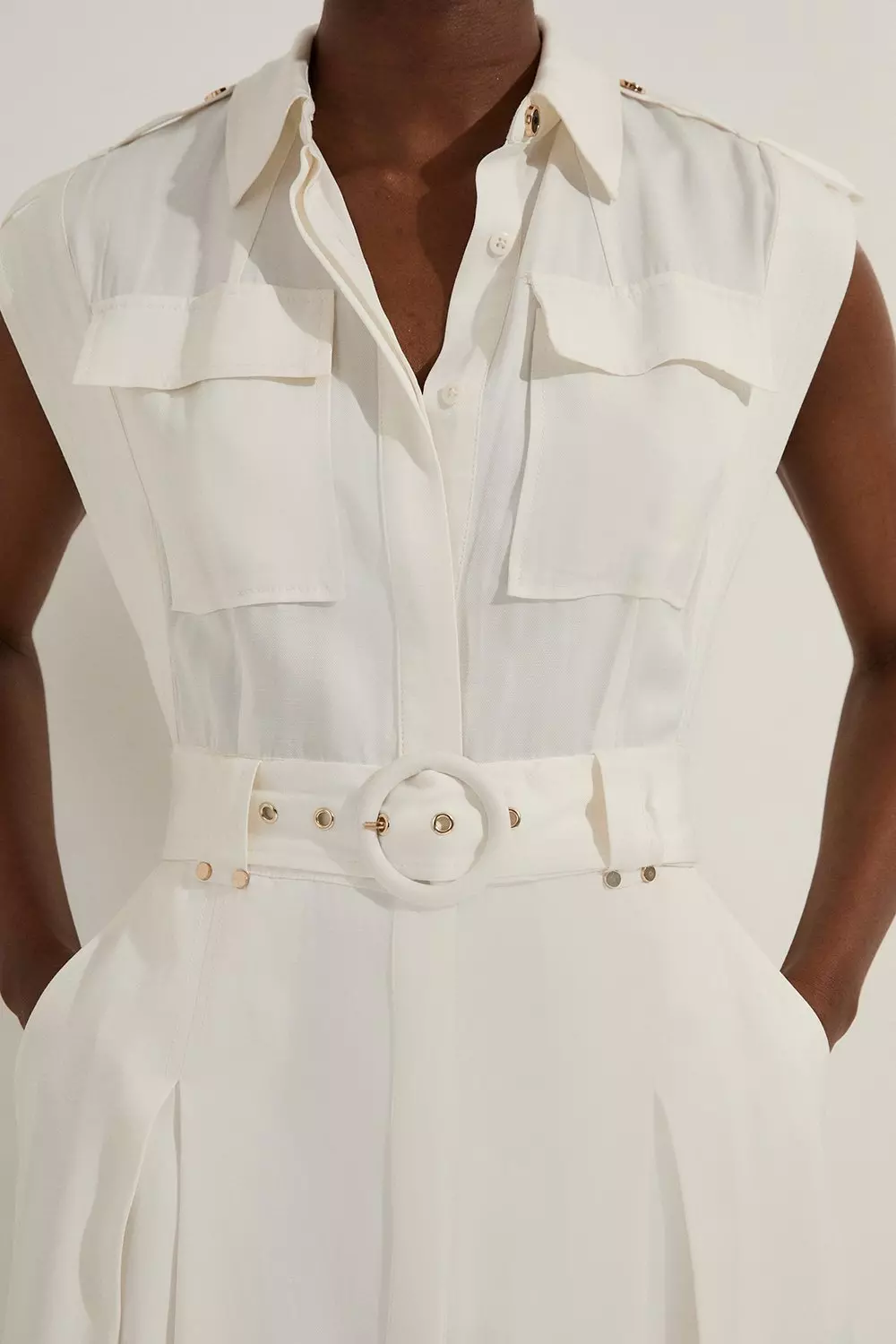 White Petite Premium Viscose Linen Woven Sleeveless Shirt Dress With Belt  alternative image