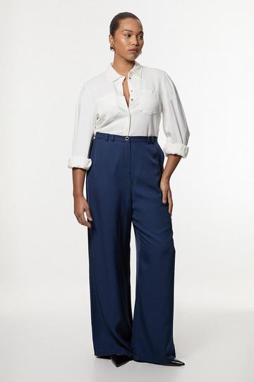 Navy Plus Size Premium Viscose Linen Woven Straight Leg Trouser